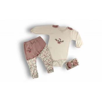Luz&Pos 3-6 6-9 9-12 Ay Tb Çiçek Nakışlı Bandanalı Uzun Kollu Zıbınlı 3lü Kız Bebek Takımı Ekru