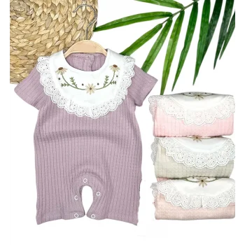 Luz&Pos 3-6-9-12 Ay Bebe Yaka Çiçek Nakışlı Pamuklu Petek Penye Yazlık Kız Bebek Tulumu