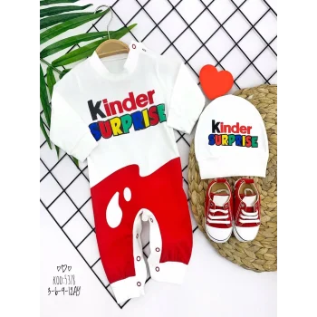 Luz&Pos 3-6-9-12 Ay Kinder Surprise Baskılı Çıtçıt Kapamalı Şapkalı 2li Kız Erkek Bebek Tulumu Ekru