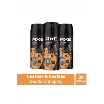 3 Adet Axe Erkek Sprey Deodorant Leather & Cookies 48 Saat Etkileyeci Koku 150 ml