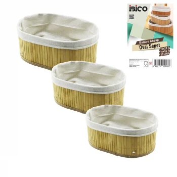 3 Boy  Oval  Bambu Kenar Organizer Sepet Ahşap Altlık - Bezli  13x22-16x26-20x30cm