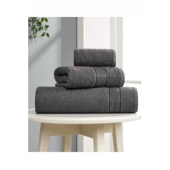 3 lü Banyo Havlusu Seti Pamuklu Ritim Antrasit