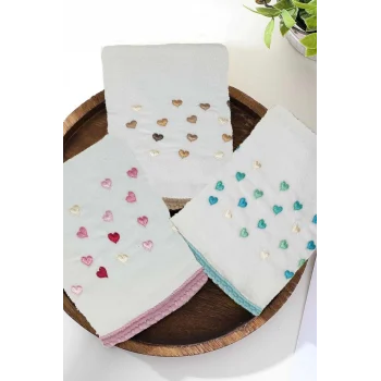 3 Lü Renkli Kalpli Su Taşı Kenar İşlemeli Havlu Seti 50X90 Cm