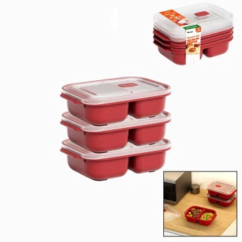 3 Pcs Kırmızı Bölme Dikdörtgen Saklama Kab Set 1200ml