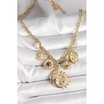 316L Çelik Gold Renk Ay Güneş Figür Deniz Kabuğu Detay Kadın Kolye