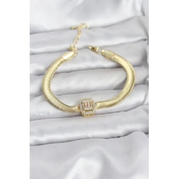 Çelik Gold Renk Baget Zirkon Taşlı Yılan Zincirli Kadın Bileklik
