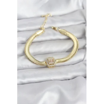 316L Çelik Gold Renk Baget Zirkon Taşlı Yılan Zincirli Kadın Bileklik