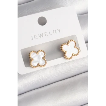 316L Çelik Gold Renk Beyaz Minelik Yonca Model Kadın Küpe
