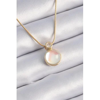 316L Çelik Gold Renk Beyaz Sedefli Vintage Kadın Kolye