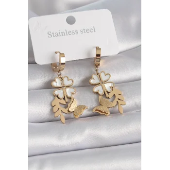 316L Çelik Gold Renk Beyaz Sedefli Yonca Simli Kelebek Figür Kadın Küpe