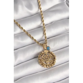 316L Çelik Gold Renk Burgu Zincir Dorika Yaşam Ağacı Figür Nazar Boncuk Detay Kadın Kolye