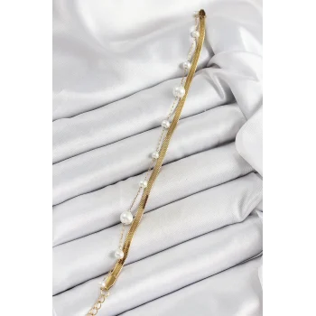 316L Çelik Gold Renk İncili ve İtalyan Zincirli Kadın Bileklik