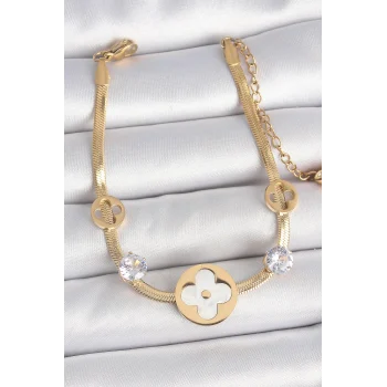 316L Çelik Gold Renk İtalyan Zincir Beyaz Mineli Yonca Model Zirkon Taş Detaylı Kadın Bileklik