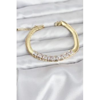 316L Çelik Gold Renk Kare Zirkon Taşlı Yılan Zincirli Kadın Bileklik