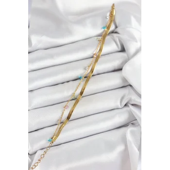 316L Çelik Gold Renk Karışık Renkli Kristal Taşlı 2li Kadın Bileklik