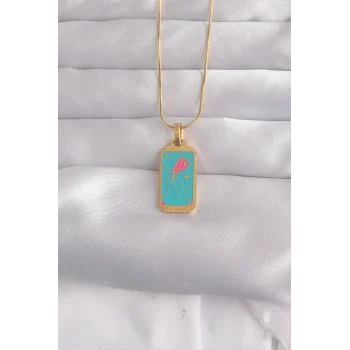316l Çelik Gold Renk Mavi Mineli Tarot Kolye