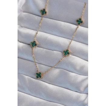 316l Çelik Gold Renk Minimal Yeşil Mineli Yonca Kolye