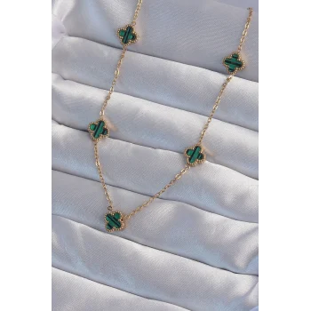 316L Çelik Gold Renk Minimal Yeşil Mineli Yonca Kolye