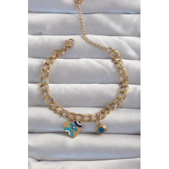 316l Çelik Gold Renk Nazarlı Kalp Model Zincir Bileklik