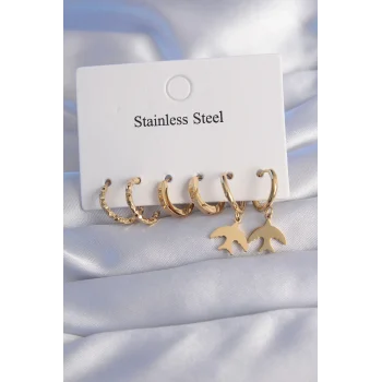 Çelik Gold Renk Oval Tasarım Kuş Model Küpe Seti