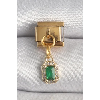 316L Çelik Gold Renk Sallantı Kare Yeşil Zirkon Taşlı Nomination Charm