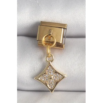 316L Çelik Gold Renk Sallantı Zirkon Taşlı Çiçek İşlemeli Nomination Charm