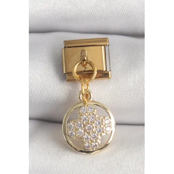 316L Çelik Gold Renk Sallantı Zirkon Taşlı Yonca Model Nomination Charm
