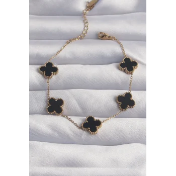 316l Çelik Gold Renk Siyah Mineli Yonca Bileklik