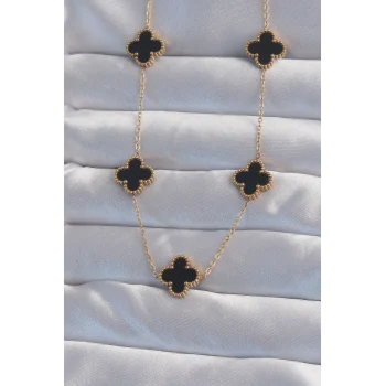 316l Çelik Gold Renk Siyah Mineli Yonca Kolye