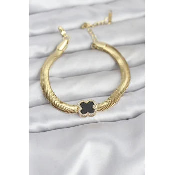 316L Çelik Gold Renk Siyah Yonca Model Zirkon Taşlı Yılan Zincirli Kadın Bileklik