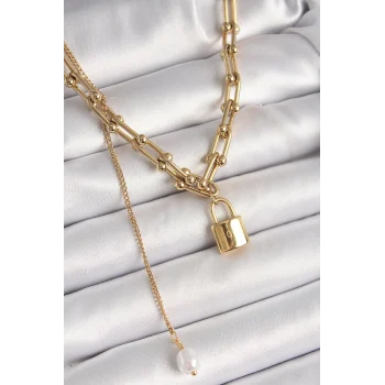 316L Çelik Gold Renk Tifany Zincir Model Kilit Figür Sallantı İnci Detay Kadın Kolye