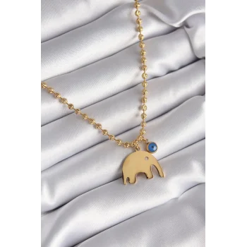 316L Çelik Gold Renk Top Zincir Model Fil Figür Nazar Boncuk Detay Kadın Kolye