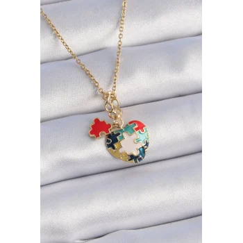 316L Çelik Gold Renk Yapboz Motif Kalp Figür Charm Model Kadın Kolye