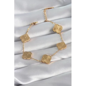 316L Çelik Gold Renk Yonca Model İşleme Detay Kadın Bileklik