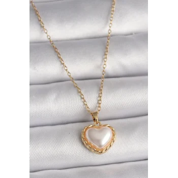 316L Çelik Gold Renk Zincir 3D İnci Kalp Model Kadın Kolye