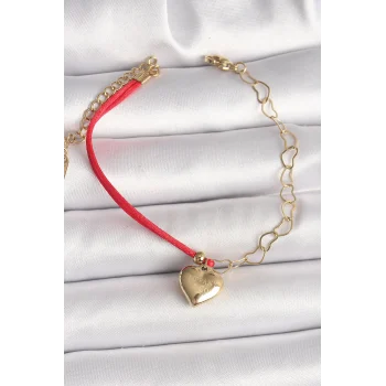 316L Çelik Gold Renk Zincir Kırmızı İp Model Sallantı Kalp Figür İşleme Detaylı Kadın Bileklik