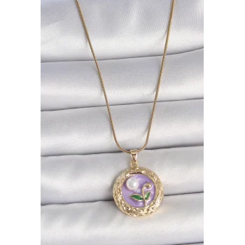 316L Çelik Gold Renk Zincir Mor Çiçek İşlemeli İnci Detay Potre Model Kadın Kolye