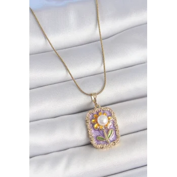 316L Çelik Gold Renk Zincir Mor Mineli İncili Papatya İşlemeli Portre Model Kadın Kolye