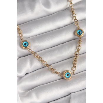 316L Çelik Gold Renk Zincir Nazar Boncuk Model Kadın Kolye