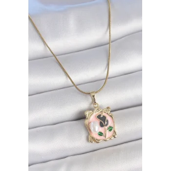 316L Çelik Gold Renk Zincir Pembe Mineli Çiçek İşlemli İnci Detay Portre Model Kadın Kolye