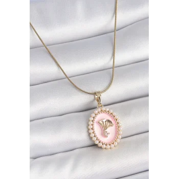 316L Çelik Gold Renk Zincir Pembe Mineli İncli Zirkon Taşlı Çiçek İşlemeli Portre Model Kadın Kolye