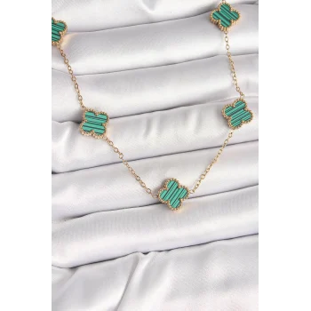 316l Çelik Gold Renk Zincir Yeşil Yonca Model Kadın Kolye