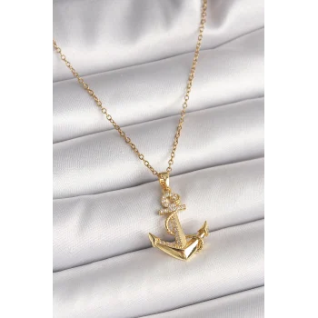 316L Çelik Gold Renk Zincir Zirkon Taş Detaylı Çapa Model Kadın Kolye