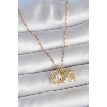316L Çelik Gold Renk Zincir Zirkon Taşlı Açılır İncili Elmas Model Kadın Kolye