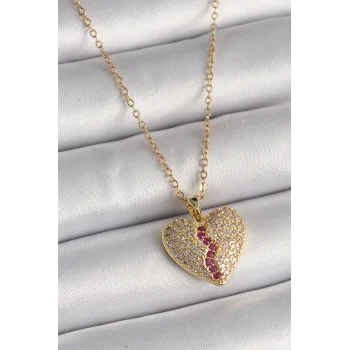 316l Çelik Gold Renk Zincir Zirkon Taşlı Kalp Model Kadın Kolye