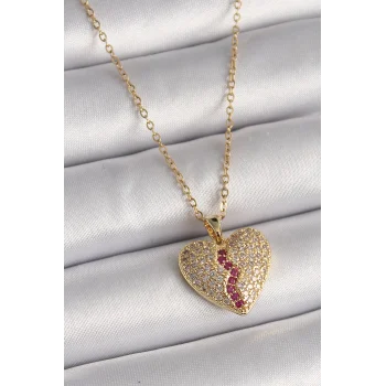 316L Çelik Gold Renk Zincir Zirkon Taşlı Kalp Model Kadın Kolye