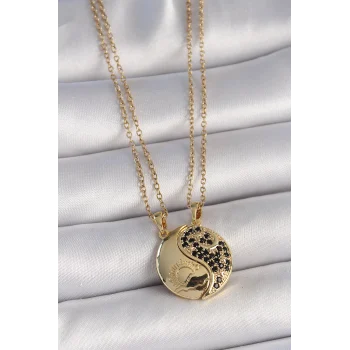 316L Çelik Gold Renk Zincir Zirkon Taşlı Ying Yang Model Gün Batımı İşlemeli Arkadaşlık Kadın Kolye