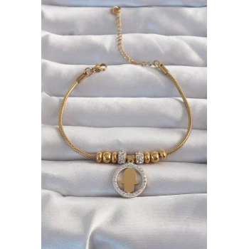 316L Çelik Gold Renk Zirkon Taş Aksesuarlı Fatma Ana Eli Bileklik