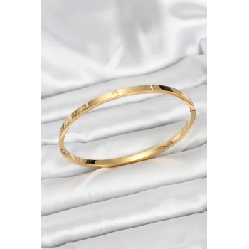 316L Çelik Gold Renk Zirkon Taşlı 65 mm İnce Kadın Kelepçe Bileklik