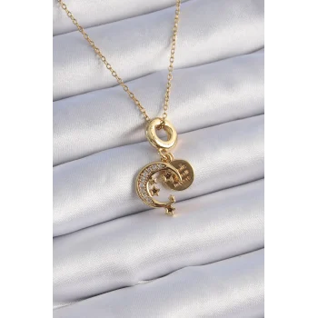 316L Çelik Gold Renk Zirkon Taşlı Ay Yıldız  Model Charm Model Kadın Kolye